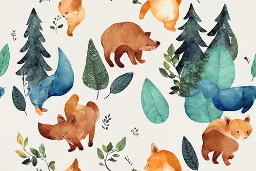 Woodland Animals watercolor forest illustration baby seamless pattern. High quality illustration