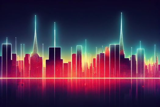 Modern city with wireless network connection and city scape concept.Wireless network and Connection technology concept with city background at night.. High quality illustration