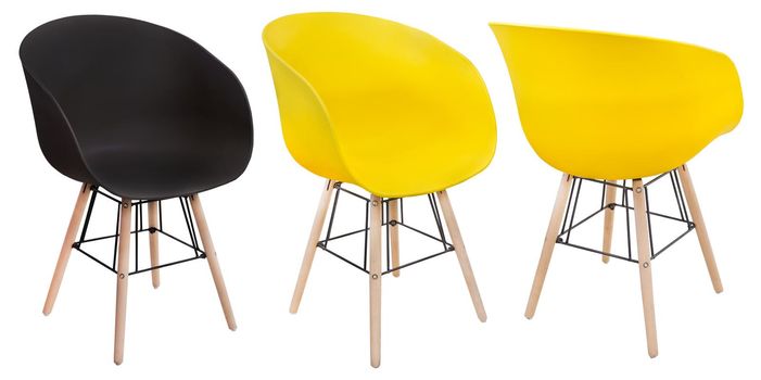 Modern stylish plastic chair with wooden legs in different angles of yellow and black colors. Isolated on a white background. Interior elements
