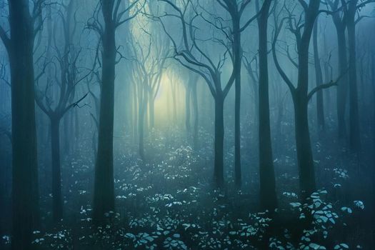 Panorama of foggy forest. Fairy tale spooky looking woods in a misty day. Cold foggy morning in horror forest. High quality illustration