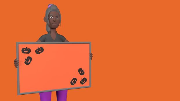 a black girl holds an orange colored writing board with pumpkin patterns in the corners for Halloween on the orange background 3d-rendeirng.