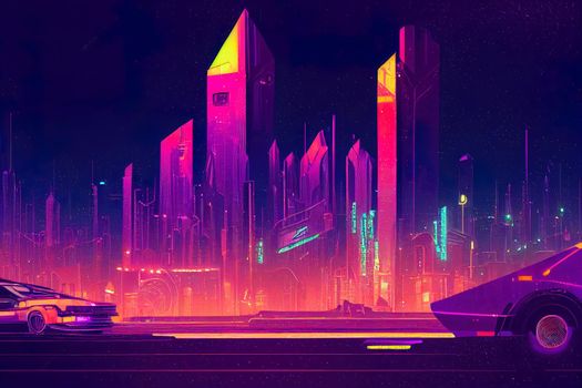 Futuristic night city. Cityscape on a dark background with bright and glowing neon purple and blue lights. Cyberpunk and retro wave style illustration.. High quality illustration