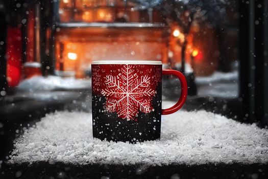 Winter cozy atmosphere with a red cup of hot coffee, put in a layer of snow, while snowflakes fall over it, on bright December morning.. High quality illustration