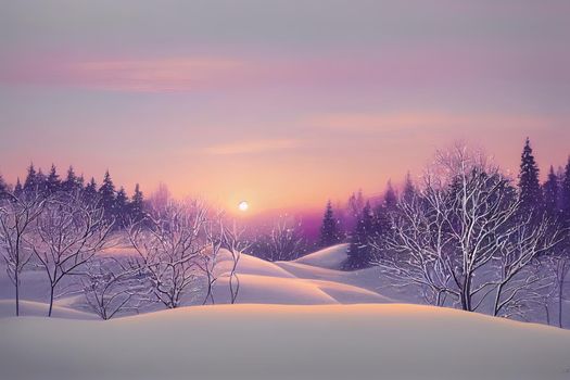 beautiful winter landscape with forest, trees and sunrise. winterly morning of a new day. purple winter landscape with sunset. High quality illustration