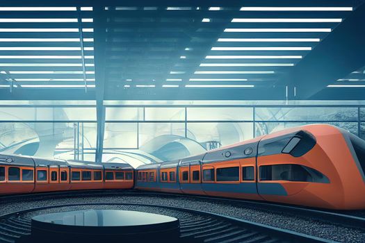 futuristic train station with monorail and train. traffic of people, crowd. Concrete architecture. Future concept. 3d rendering.. High quality illustration