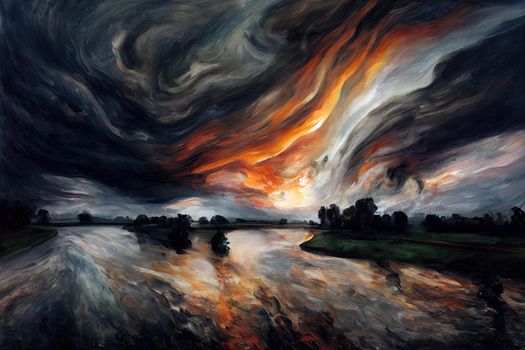 Beautiful sunrise and dramatic clouds on the sky. Flood waters of Narew river, Poland.. High quality illustration