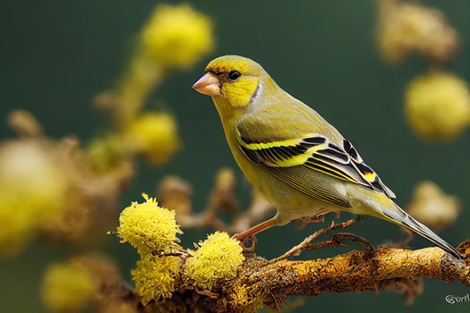 European greenfinch Chloris chloris. Small bird with fresh yellow color body. Song bird sitting on woody root. Diffused brown background. Garden bird in winter time on feeder. European wildlife.. High quality illustration