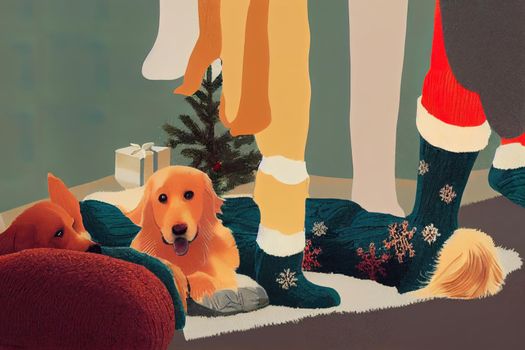 Festive socks on legs and cute golden retriever dog on carpet. Family relax time. Winter Christmas holidays and hygge concept. Atmospheric moments lifestyle.. High quality illustration