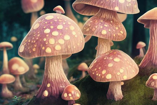 Amazing cute mushroom house in fairytale fantasy autumn forest. 3D illustration AI generated art. High quality illustration