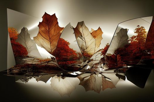 Abstract Autumn scene with mirror reflect the flying cloth. 3d rendering.. High quality illustration