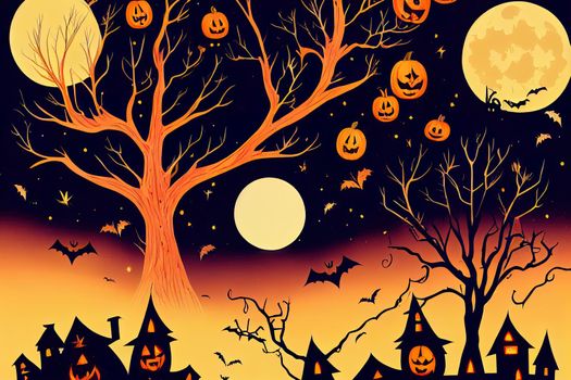 Halloween design. Festive background with autumn valley with woods, spooky tree and full moon. Space for your Halloween holiday text.. High quality illustration