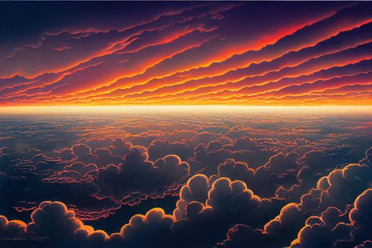 Beautiful sunset cloudy sky from aerial view. Airplane view above clouds. High quality illustration