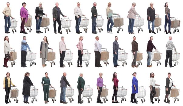 group of people with cart isolated on white background