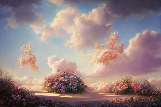 Natural beauty podium backdrop for product display with dreamy sky background. Romantic 3d scene.. High quality illustration