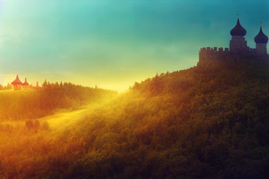 Wide panorama of ancient traditional russian wooden fortress in the hill. Historical wooden fantasy fortress with forest and skyline. 3D rendered illustration.. High quality illustration
