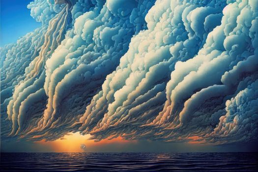 In sunny summer, huge clouds float on the blue sky.. High quality illustration