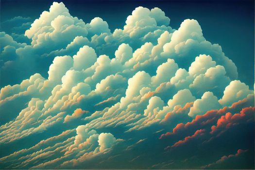 Beautiful blue sky and white clouds of various shapes with sunlight. Nature background. High quality illustration