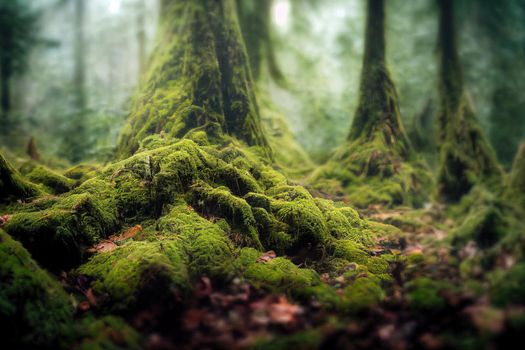 Canadian Rain Forest. Beautiful View of Fresh Green Trees in the Woods with Moss. Taken in Golden Ears Provincial Park, near Vancouver, British Columbia, Canada. Panorama Nature Background. High quality illustration