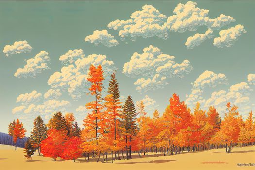 Fun flat cartoon autumn landscape. Fall season with colorful pines and trees. Blue sky with clouds. Red, orange, yellow autumn forest.. High quality illustration