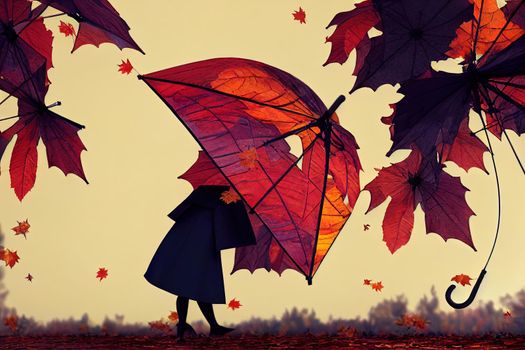 Umbrella on the ground by the air and autumn leaves. Copy space. 3D illustration.. High quality illustration