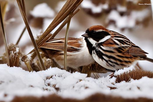 Common reed bunting Emberiza schoeniclus feeding on a snowy reed.. High quality illustration