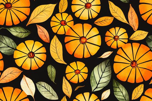 Watercolor pumpkins seamless pattern. Hand painted pumpkins with orange leaves isolated on white background. Autumn festival. Botanical fall illustration for textile, design, print or background. High quality illustration