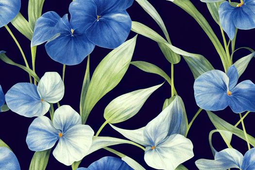 Floral seamless pattern, Anthurium flowers with leaves in blue tone on dark blue. High quality illustration