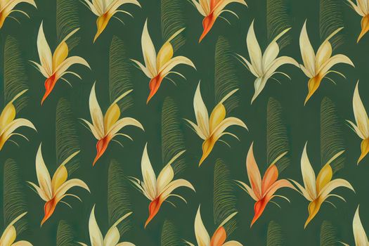 Beach cheerful seamless pattern wallpaper of tropical dark green leaves of palm trees and flowers bird of paradise strelitzia plumeria on a light yellow background. High quality illustration