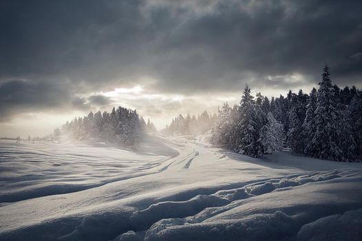 Dramatic winter landscape under fresh fallen snow on a cloudy morning day. High quality photo. High quality illustration