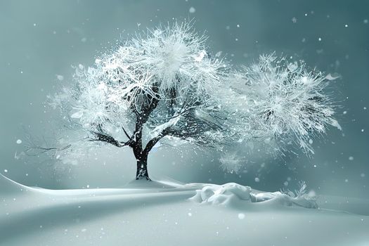 graphic animation swinging from the wind a snow covered tree with flying snowflakes on a white background. winter snowfall and snowstorm. High quality illustration