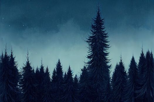 A vertical shot of tall fir trees in a forest during blue hour in winter. High quality illustration