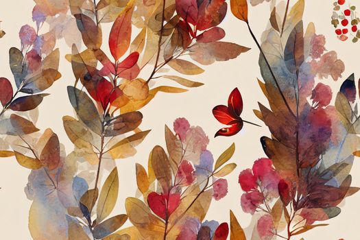 Watercolor seamless pattern, background with a floral pattern. Watercolor background, drawing with autumn with forest flowers, leaves, plants, berries branch. Abstract paint splash. Bush, wild grass. High quality illustration