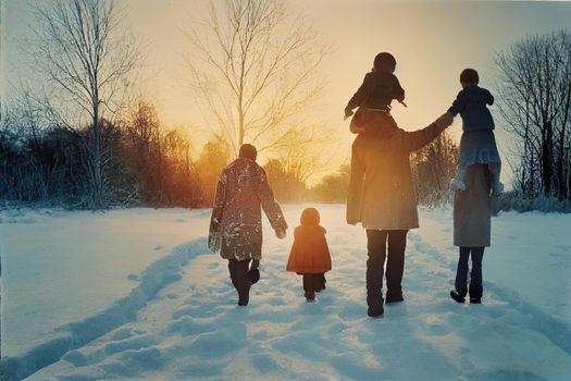 Happy family at sunset. Father, mother and two children daughters are having fun and playing on snowy winter walk in nature. The child sits on the shoulders of his father. Frost winter season.. High quality illustration