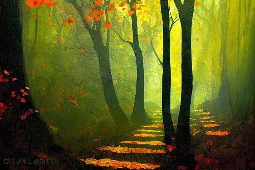 Beautiful forest in Autumn with sunlight coming through trees. Calm, serene and natural woods with a magical walking path. Green plants all around on a warm fall day, perfect for relaxation. High quality illustration