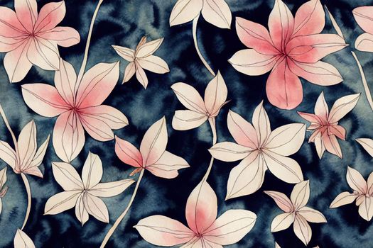 Seamless floral pattern with flowers on dark background, watercolor. Template design for textiles, interior, clothes, wallpaper. Botanical art. High quality illustration