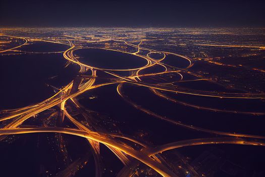 Spectacular nighttime skyline of a big modern city at night . Dubai, UAE. Aerial view on highways and skyscrapers.. High quality illustration