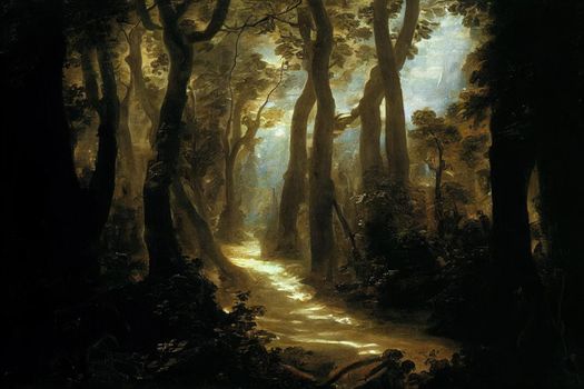 A dark and moody forest path with the sunlight peaking through the canopy on the the forest floor. High quality illustration