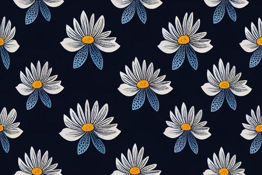 Daisy seamless pattern on dark blue background. Floral ditsy print with small white flowers. Chamomile design great for fashion fabric, trend textile and wallpaper. . High quality illustration