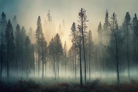 Beautiful pine forest at foggy sunrise. Tree trunks and cold mist. High quality illustration