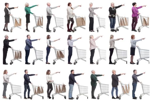 a group of people with a shopping cart point their fingers in front of them on a white background