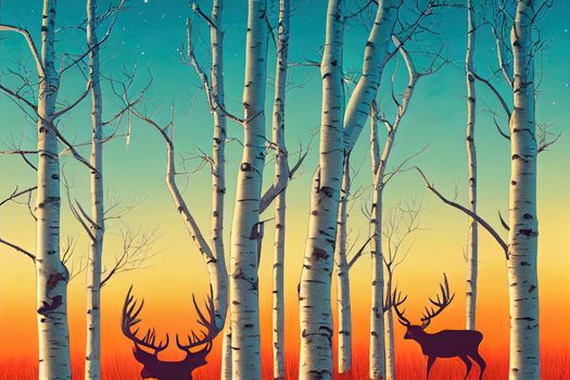 Birch Tree with deer and birds Silhouette Background. High quality illustration