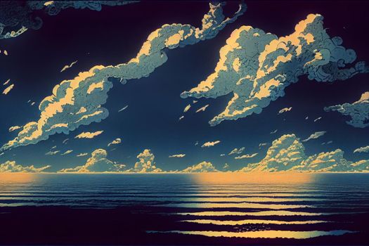 blue sky with clouds over the sea, wallpapers, seascape, background. High quality illustration
