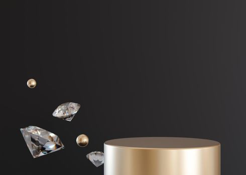 Golden podium with flying diamonds and golden spheres on black background. Mock up for product, cosmetic presentation. Pedestal or platform for beauty products. Empty scene. Copy space. 3D rendering