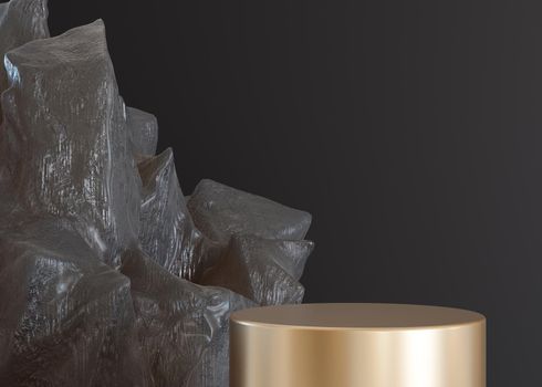 Golden podium with abstract ice or crystal form on black background. Mock up for product, cosmetic presentation. Pedestal or platform for beauty products. Empty scene. Copy space. 3D rendering