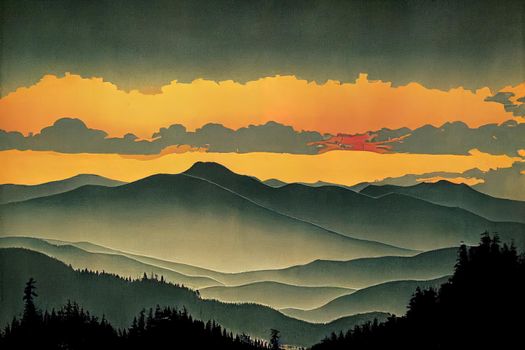 Beautiful sunset and pine forest in Carpathian mountains. High quality illustration