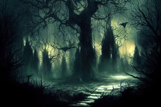Realistic haunted forest creepy landscape at night. Fantasy Halloween forest background. Surreal mysterious atmospheric woods design backdrop. Digital art.. High quality illustration