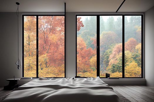 White stylish minimalist bedroom with autumn landscape in window. Scandinavian interior design. 3D illustration. High quality illustration