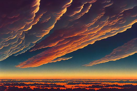 Beautiful sunset cloudy sky from aerial view. Airplane view above clouds. High quality illustration