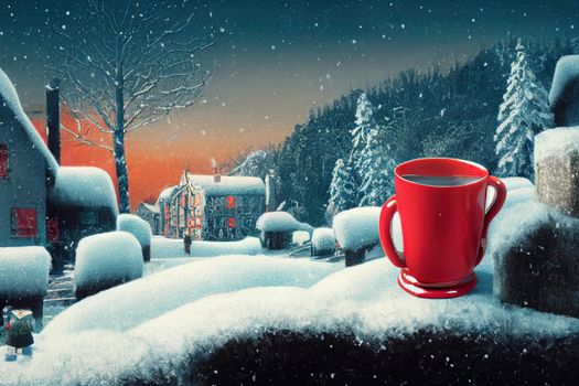 a red mug in the hands of those dressed in knitted mittens against the backdrop of a blurred snow landscape. a warming drink for a winter morning. High quality illustration