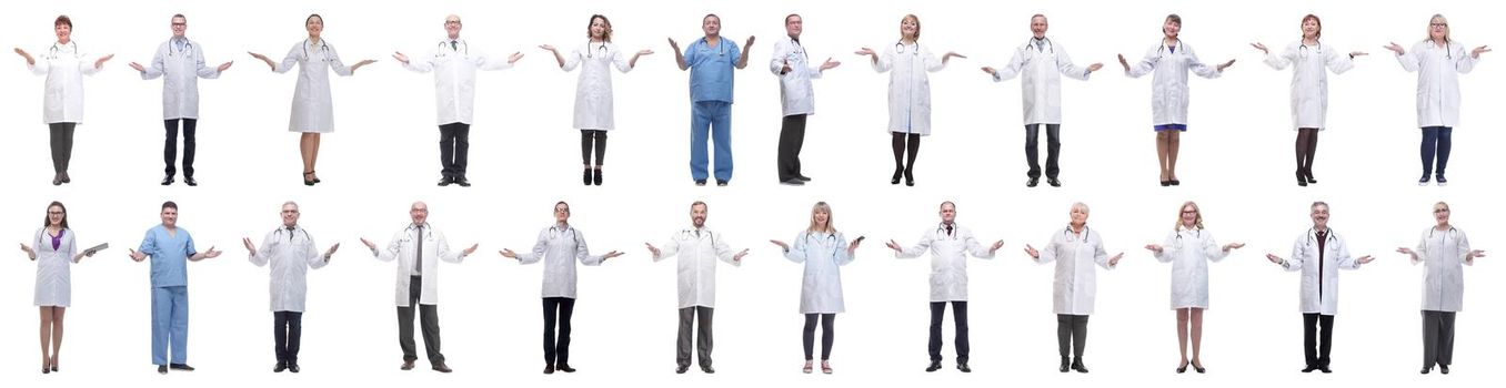 group of doctors in full length isolated on white background